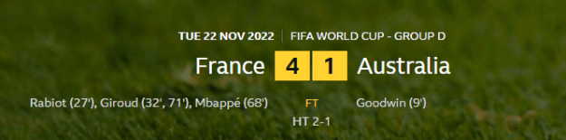 Click to Enlarge

Name: Qatar 2022 France Aust 4-1.png
Size: 47 KB